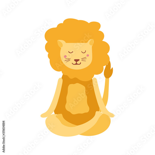 Cartoon lion performing yoga exercise. Cartoon character sitting in lotus posture and meditating vipassana