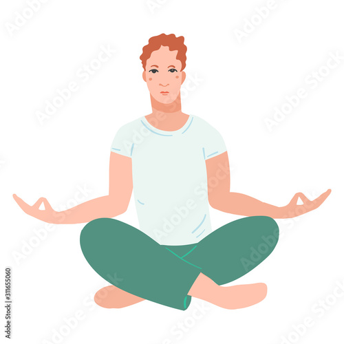 Young handsome men performing yoga exercise. Male cartoon character sitting in lotus posture and meditating vipassana