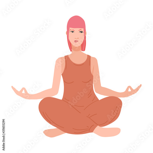 Young pretty woman performing yoga exercise. Female cartoon character sitting in lotus posture and meditating vipassana 
