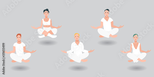 Group of men and women floating in the air in a lotus position in white clothes performing vipassana meditation. 