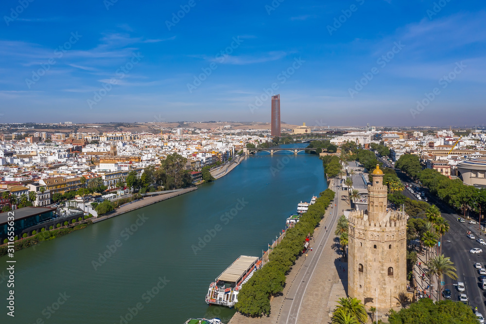 Aerial view of the Seville tower. Torre del oro