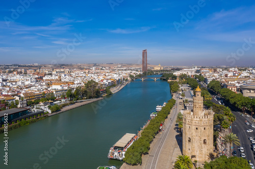 Aerial view of the Seville tower. Torre del oro