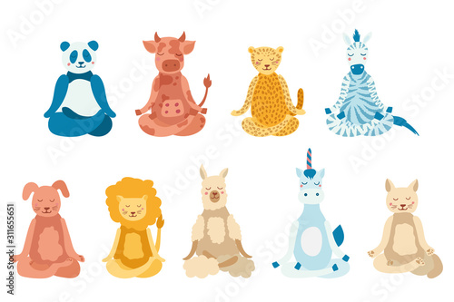 Cartoon animals performing yoga exercise. Drawing panda, cow, jaguar, zebra, dog, cat, lion, lama and unicorn character