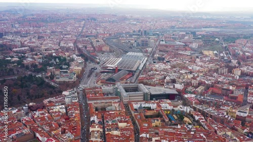 Madrid Puerta de Atocha train station aerial shot morning semi cloudy day winter Spain