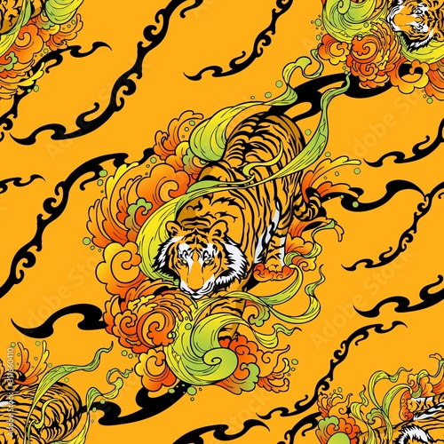 tiger walk in cloud illustration doodle tattoo style seamless pattern vector with orange yellow mandala background 