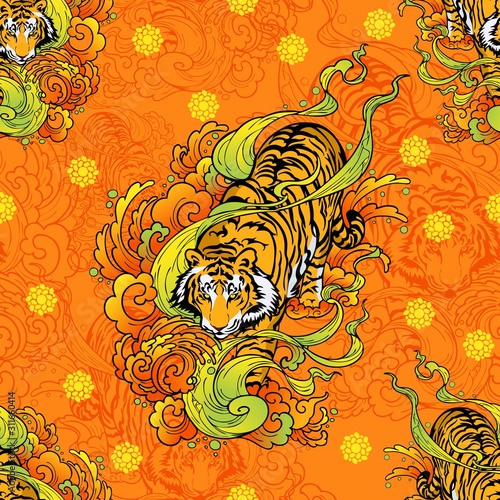 tiger walk in cloud illustration doodle tattoo style seamless pattern with orange yellow background 