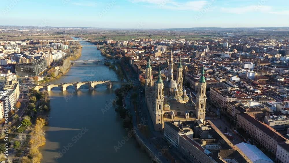 Aerial large sunset view over Saragossa Basílica del Pilar river Ebro Puente de Piedra Spain Aerial large sunset view over Saragossa Basílica del Pilar river Ebro Puente de Piedra Spain