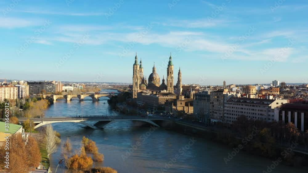 Zaragoza aerial view sunny day Puente de Piedra bridge and river Ebro Spain Zaragoza aerial view sunny day Puente de Piedra bridge and river Ebro Spain