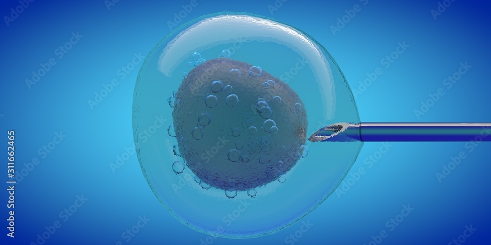 custom made wallpaper toronto digitalIVF cell and needle injecting, 3D CGI render with blue color, cell stung by a medical needle