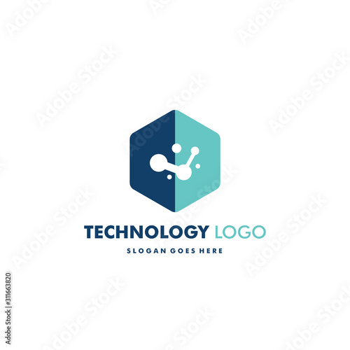 Modern technology logo with molecule on hexagon for start up and company business. monoline vector style