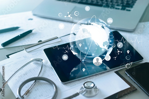 Obraz na plátně Medical global networking and healthcare global network connection on tablet, Medical technology