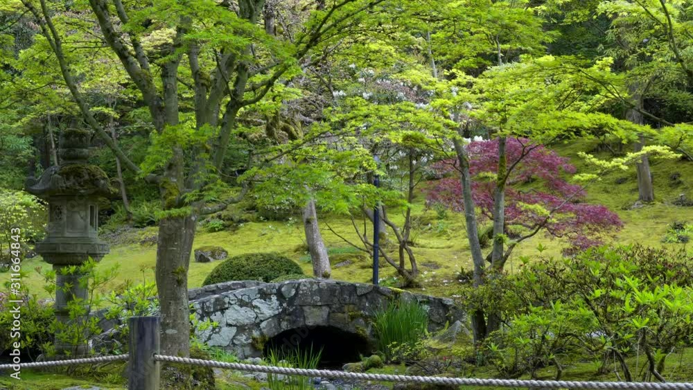 Japanese gardens with a bridge in the background Japanese gardens with a bridge in the background