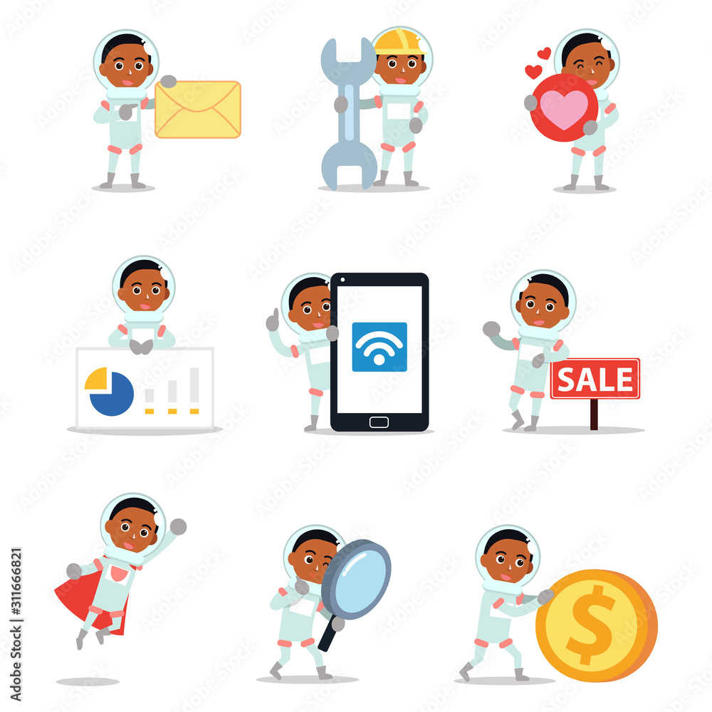 Set of vector character astronaut man is on research. Set of vector character astronaut man is on research.