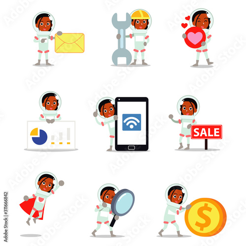Set of vector character astronaut woman is on research.