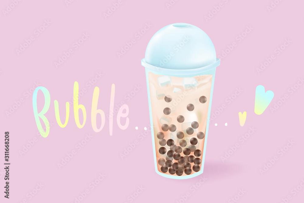 Love bubble milk tea with tea cup and lovely pink background Love bubble milk tea with tea cup and lovely pink background