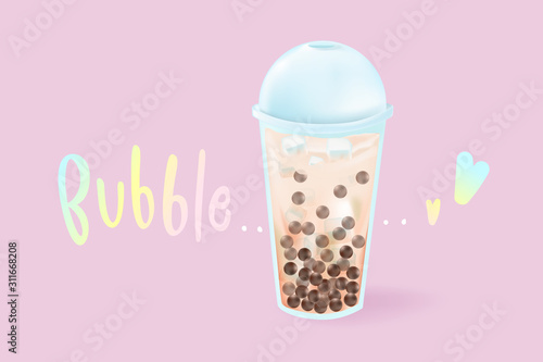 Love bubble milk tea with tea cup and lovely pink background
