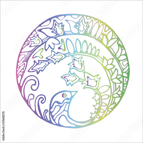 Color illustration of a bird inscribed in a circle in vintage style. Bird and plant motifs. The idea for a tattoo.