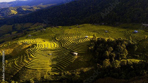 Rice terrace fields or Ladder rice field in aerial view at Pabongpeang , Maejam Village , Chaingmai Province of Thailand
