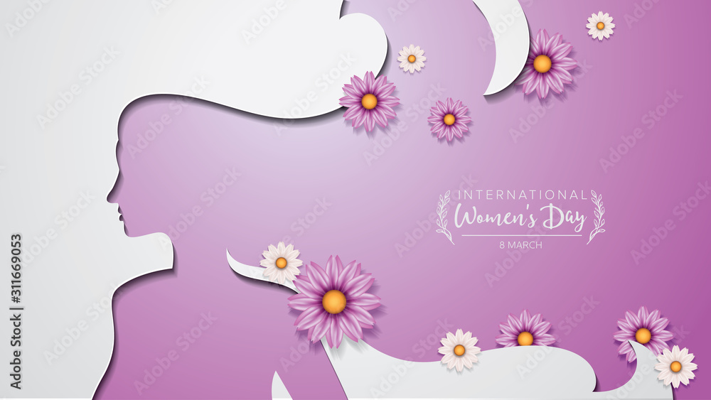 International Women's Day poster, banner, flyer. Silhouette of woman in paper cut out style and some flowers decoration.