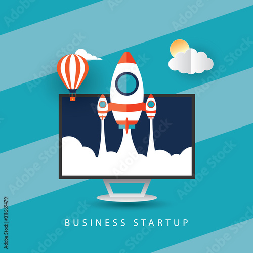 Flying Rocket Business Startup Concept Banner