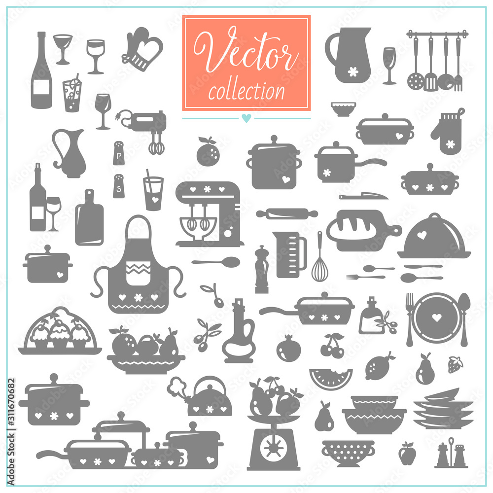 Dishes.Crockery. Hand drawn illustration cooking tools and dishes. Kitchen set. Big vector collection of illustrations.