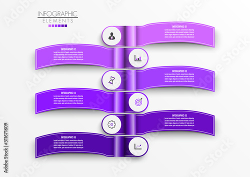 Vector infographic template with 3D paper label, integrated circles. Business concept with 6 options. For content, diagram, flowchart, steps, parts, timeline infographics, workflow, chart.