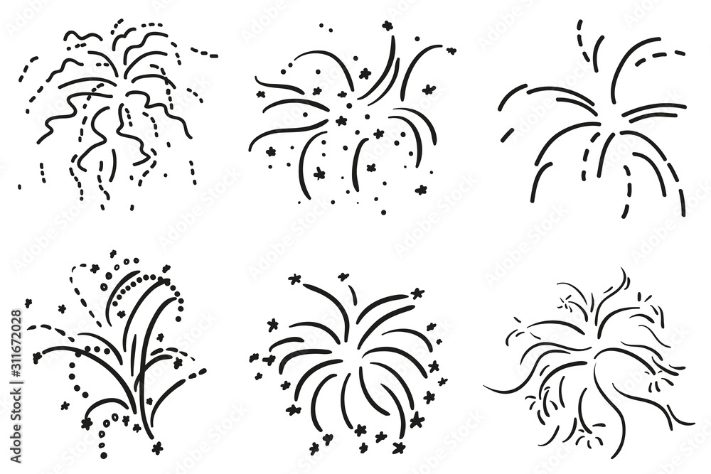 Explosion. Set of holiday fireworks on isolated white background. Black and white illustration