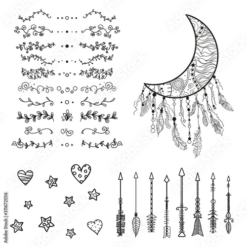Abstract dreamcatcher. Hand drawn borders and arrows. Abstract decor elements. Set of different objects. Black and white illustration
