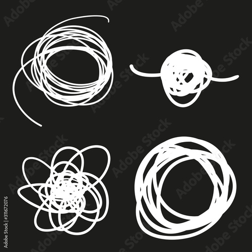 Hand drawn tangled shapes on isolated background. Black and white illustration