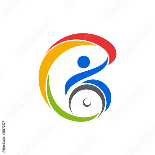 Logo design of disabled people care and support, Disabilities charity logo,   People with disabilities protection logo, Icon help disabled people, Human sitting on the wheelchair vector illustration