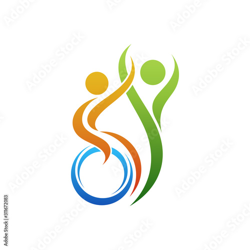 Logo design of disabled people care and support, Disabilities charity logo,   People with disabilities protection logo, Icon help disabled people, Human sitting on the wheelchair vector illustration