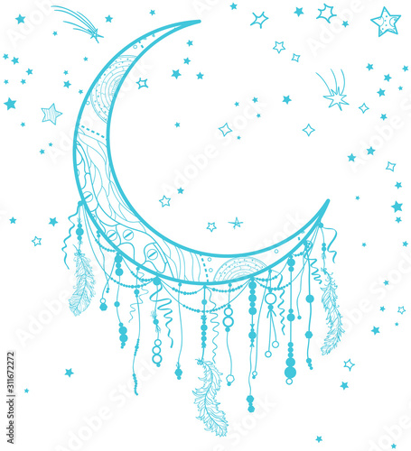 Hand drawn dreamcatcher. Zentangle. Feathers. Abstract mystic symbol