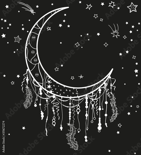 White dreamcatcher with stars on black. Abstract mystic symbol. Design for spiritual relaxation for adults