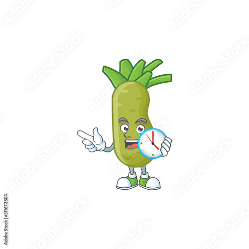 Happy wasabi cartoon mascot style with clock
