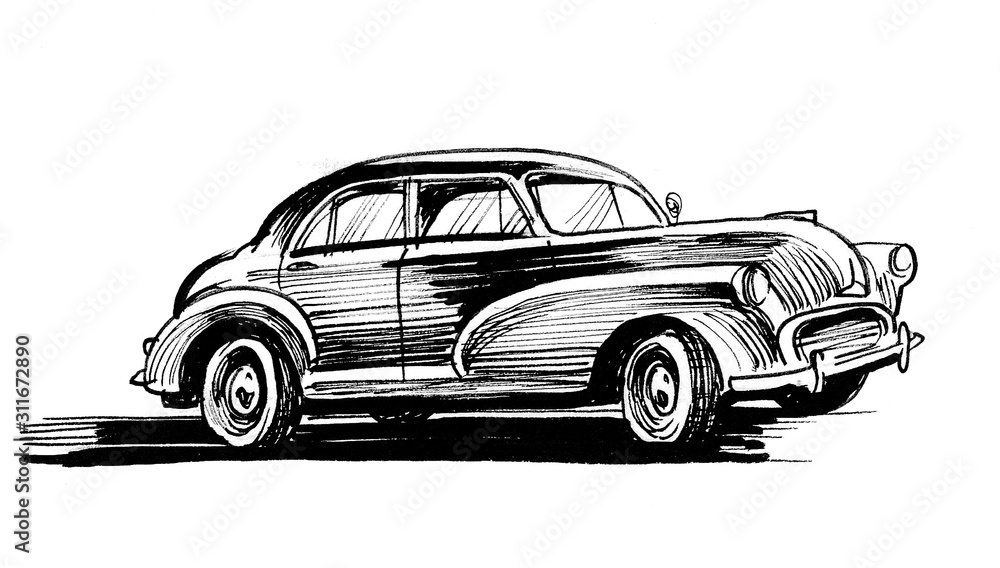 Vintage American automobile. Ink black and white drawing