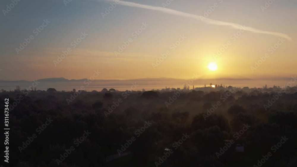 Slow drone flight over trees at lake, sea in foggy golden hour morning sun - aerial shot Slow drone flight over trees at lake, sea in foggy golden hour morning sun - aerial shot