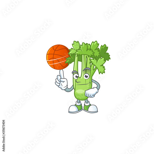 Happy face celery plant cartoon character playing basketball