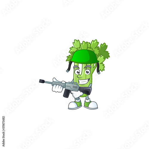 A mascot of celery plant as an Army with machine gun