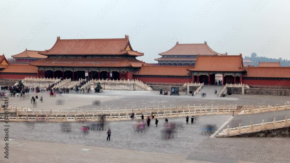 BEIJING/CHINA - MARCH 18 2019: Chinese Forbidden City museum complex in Beijing timelapse zoom out BEIJING/CHINA - MARCH 18 2019: Chinese Forbidden City museum complex in Beijing timelapse zoom out
