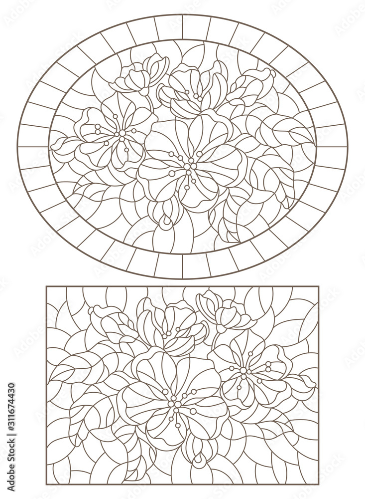 Set of contour illustrations of stained glass Windows with branches of a flowering Apple tree, dark outlines on a white background Set of contour illustrations of stained glass Windows with branches of a flowering Apple tree, dark outlines on a white background