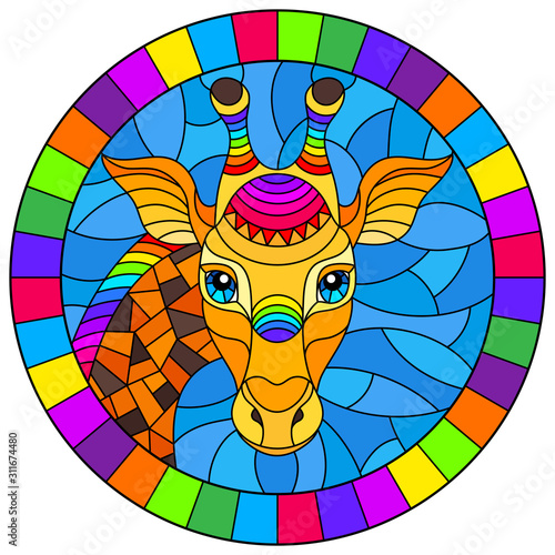 Fototapeta Naklejka Na Ścianę i Meble -  Illustration in the style of stained glass with abstract rainbow giraffe head on a blue background , oval image in bright frame