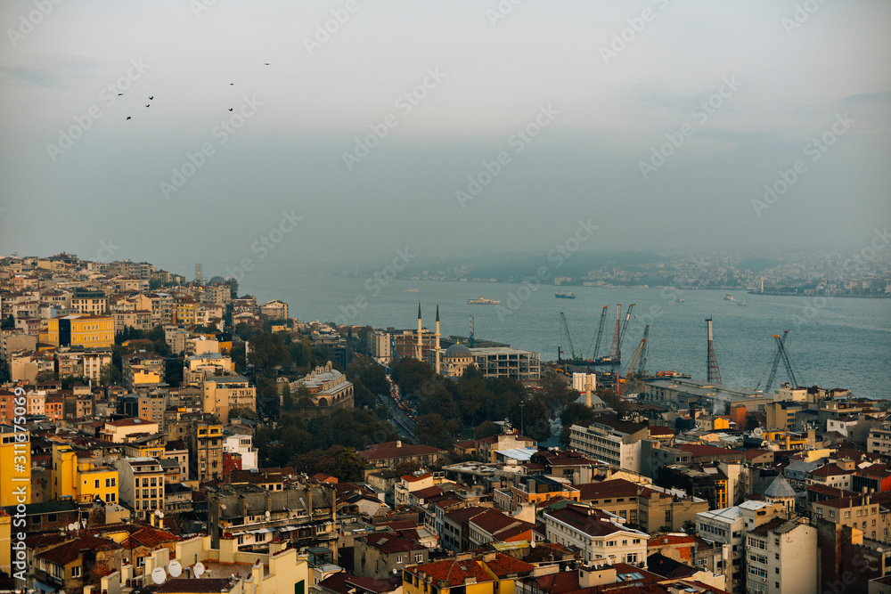Top view on the roofs of Istanbul Turkey houses against the backdrop of the Bosphorus with ferry cargo cranes at sunset.
