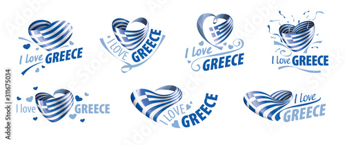 The national flag of the Greece and the inscription I love Greece. Vector illustration