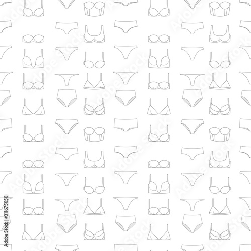 Seamless pattern with various types of women's panties and bras. Underwear. Vector illustration