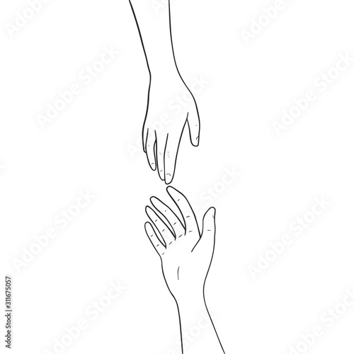 Two hands are drawn to each other. Outline hands isolated on white background. Vector illustration
