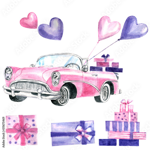 Pink watercolor retro car with hearts, balloons and gifts. Wedding, valentines, birthday, girls shopping.