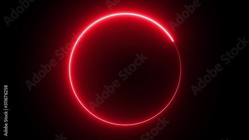 glowing Red Neon Light in motion in circle frame shape on black screen background