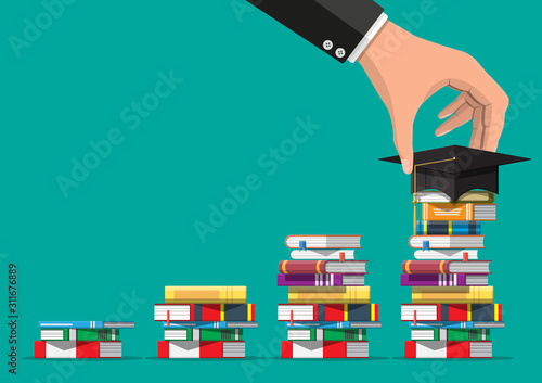 Graduation cap on stack of books. Academic and school knowledge, education and graduation. Reading, e-book, literature, encyclopedia. Vector illustration in flat style