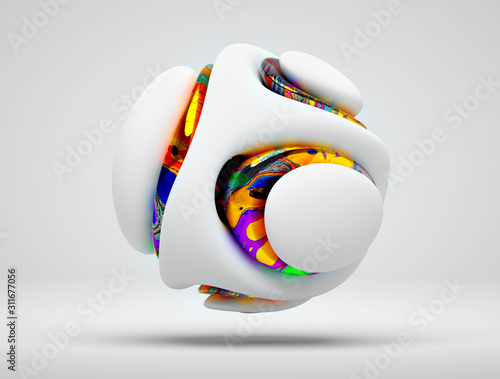 Fototapeta Naklejka Na Ścianę i Meble -  3d render of abstract 3d ball based on organic curve round wavy smooth and soft bio forms in white matte plastic material with metal glossy parts with art drawing in orange purple and green color 