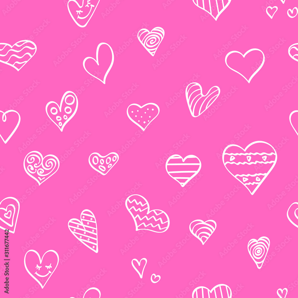 Seamless pattern with hand drawn heart shapes on pink background. Cute valentine day backdrop. Vector illustration.